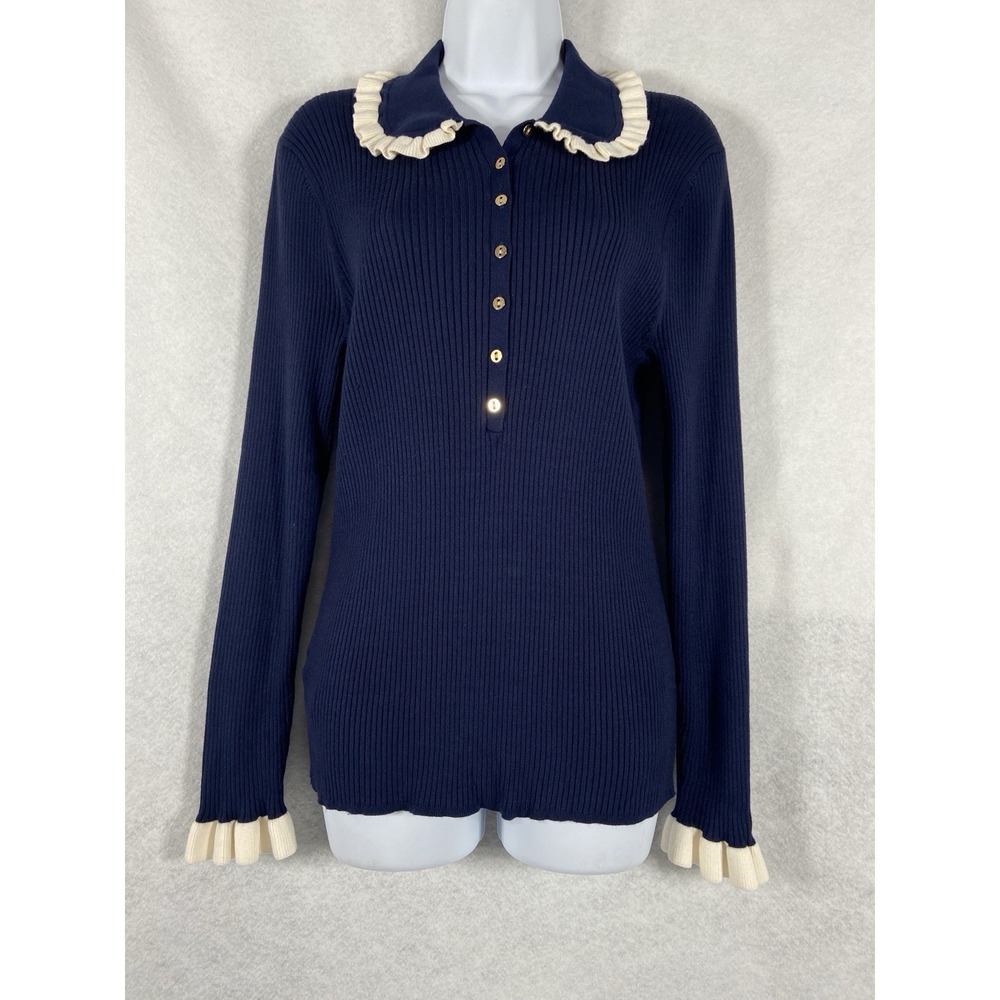 New Loft Sweater Womens XL Blue White Ribbed Pullover Collard Cozy Stretch Retro
